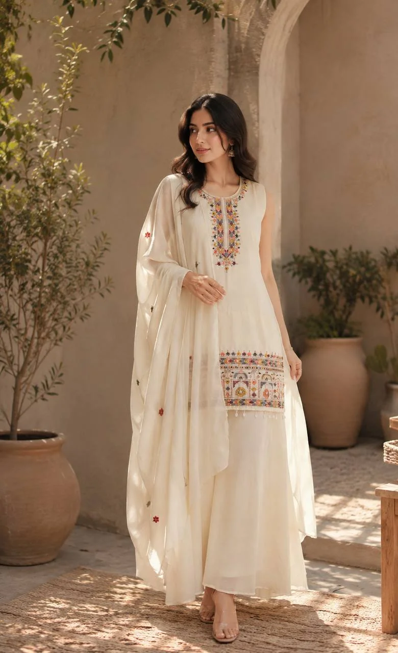 Sleeveless Chinon Kurta Set with Palazzo in Cream