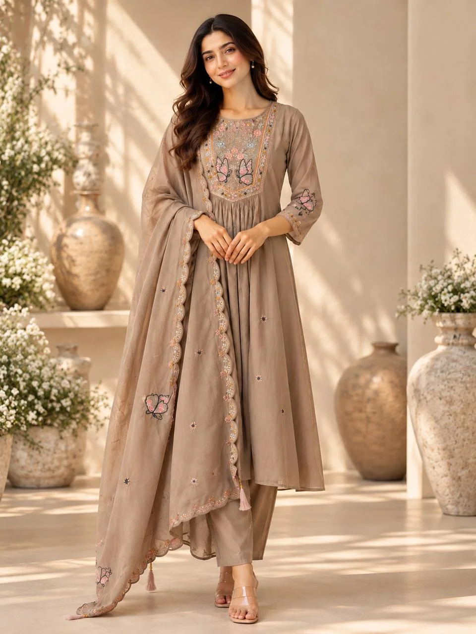 Silk Butterfly Yoke Kurta Set with Palazzo in Taupe