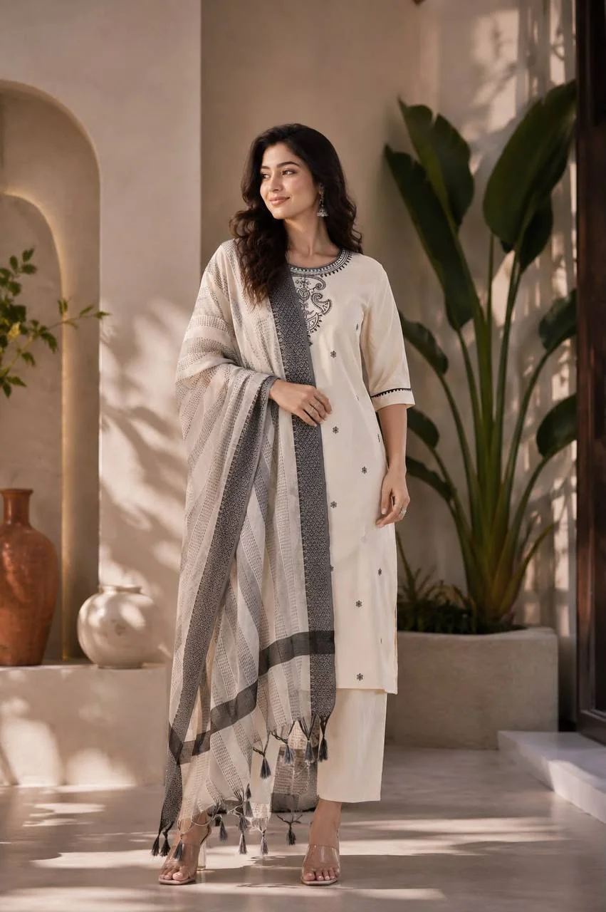 Cotton Paisley Neck Kurta Set with Palazzo in Off White