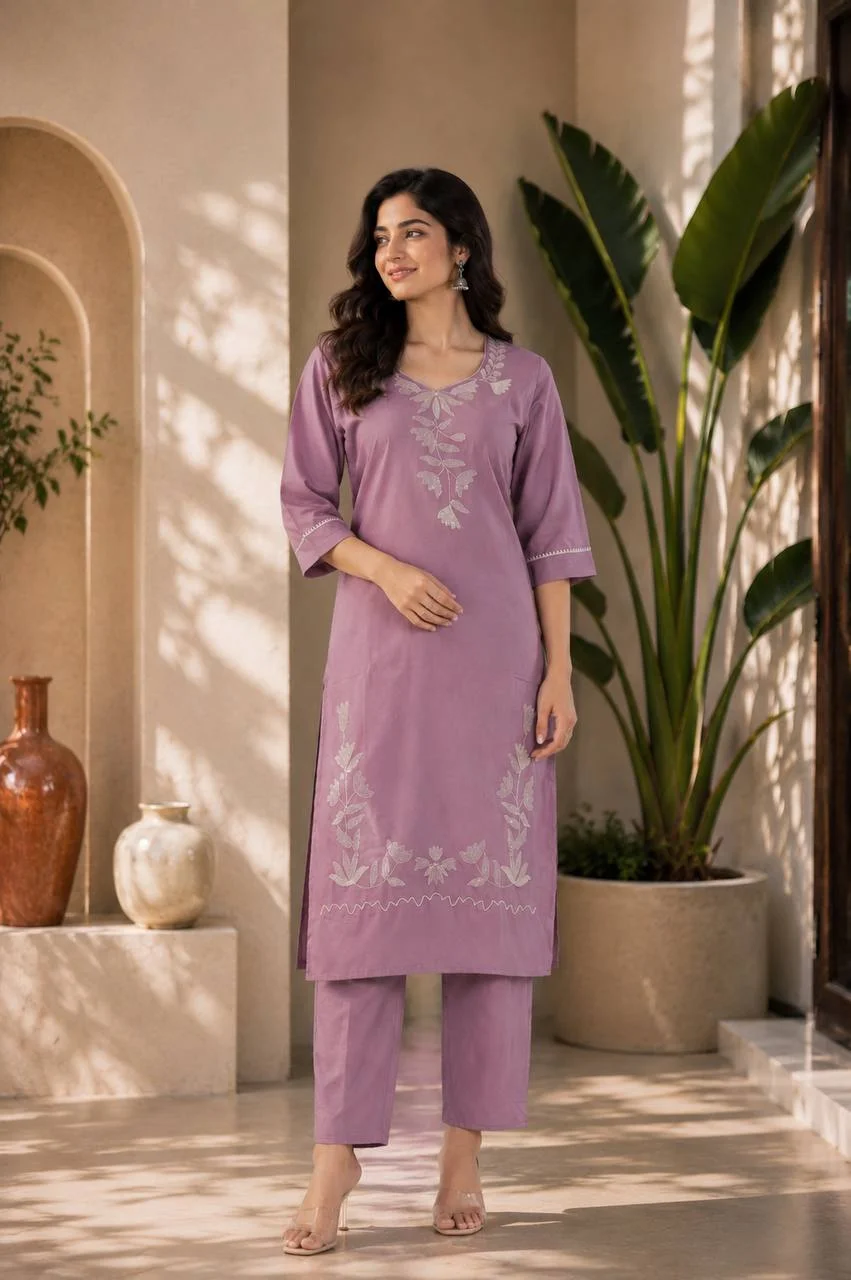 Cotton Leaf Embroidered Kurta with Palazzo