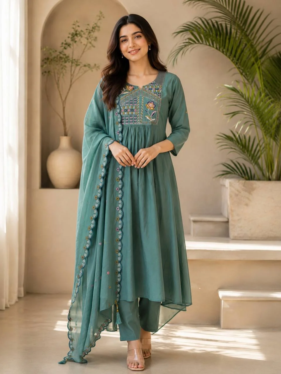 Silk Notch Neck Yoke Kurta Set with Palazzo