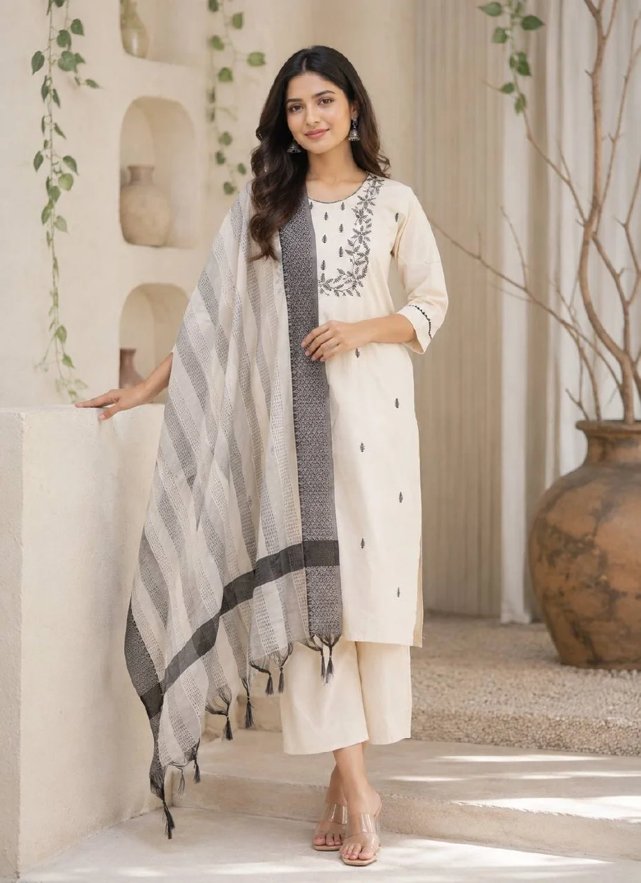 Cotton Vine Embroidered Straight Kurta Set