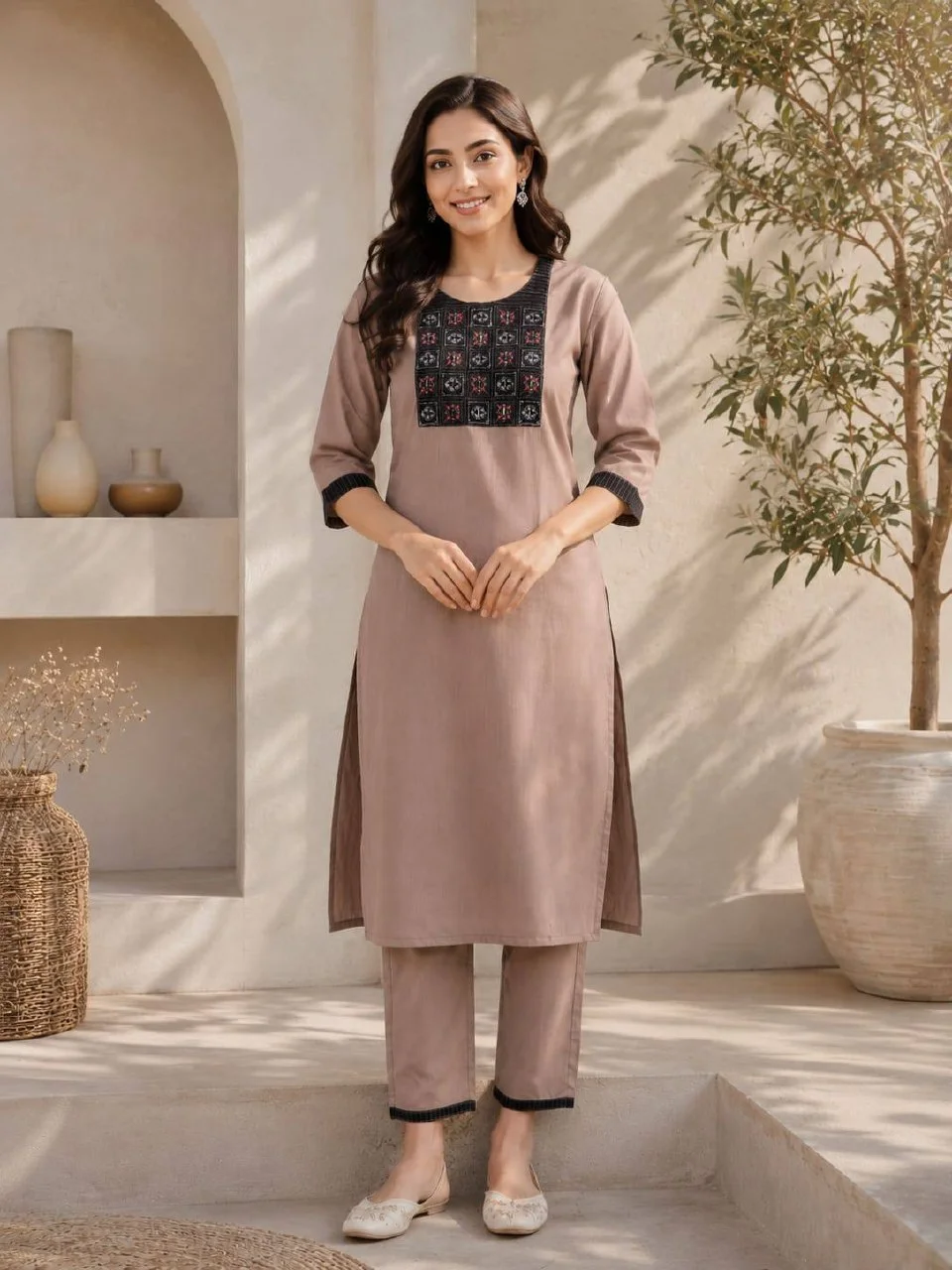 Cotton Contrast Yoke Kurta Set with Palazzo