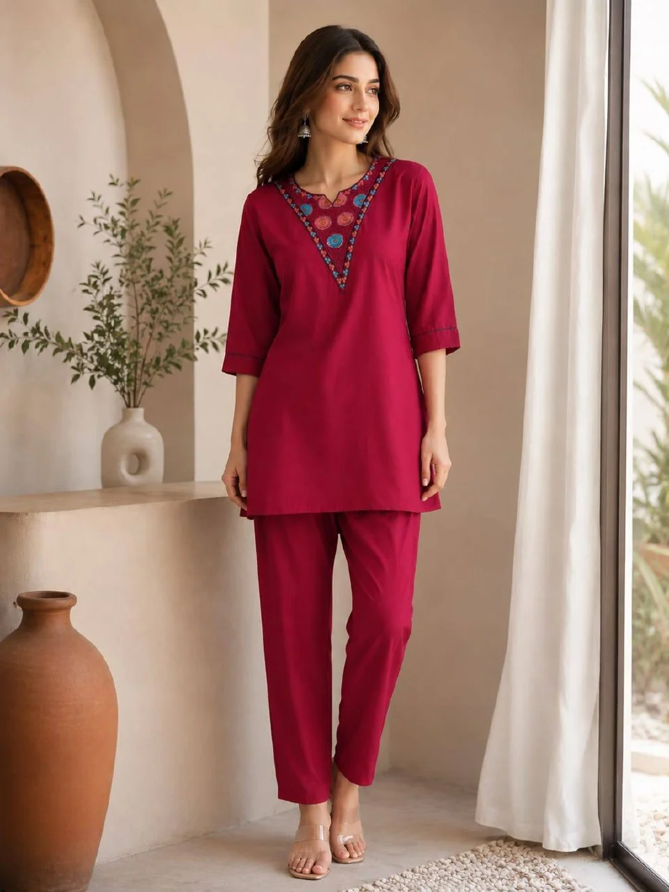 Rayon Embroidered Short Kurti Palazzo Set in Rani Pink
