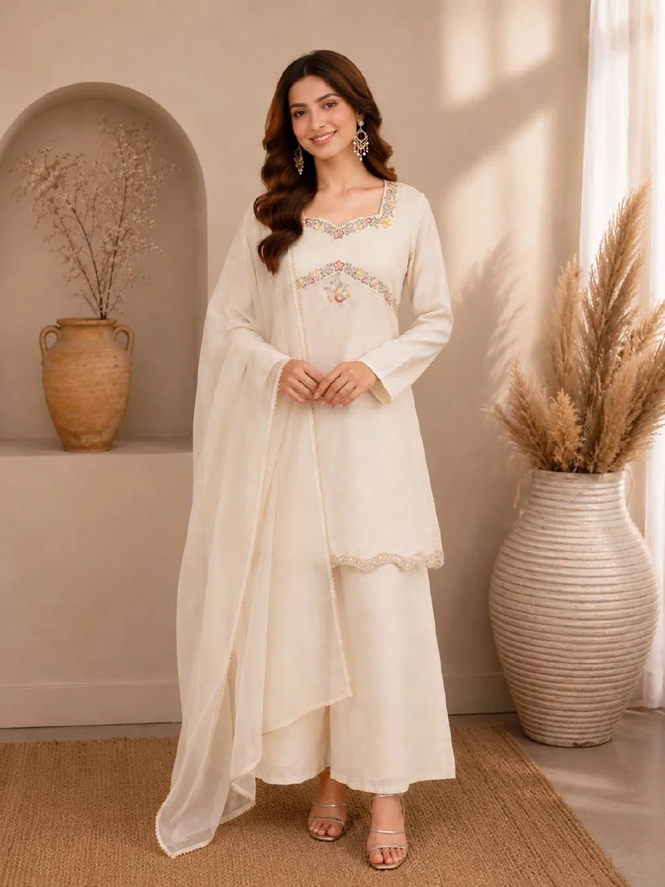 Silk Sequin Kurta Set with Organza Dupatta in Off White