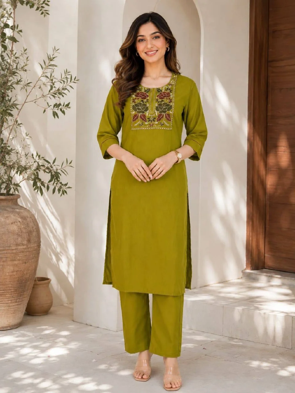 Cotton Embroidered Yoke Kurta Palazzo Set in Mehendi Green