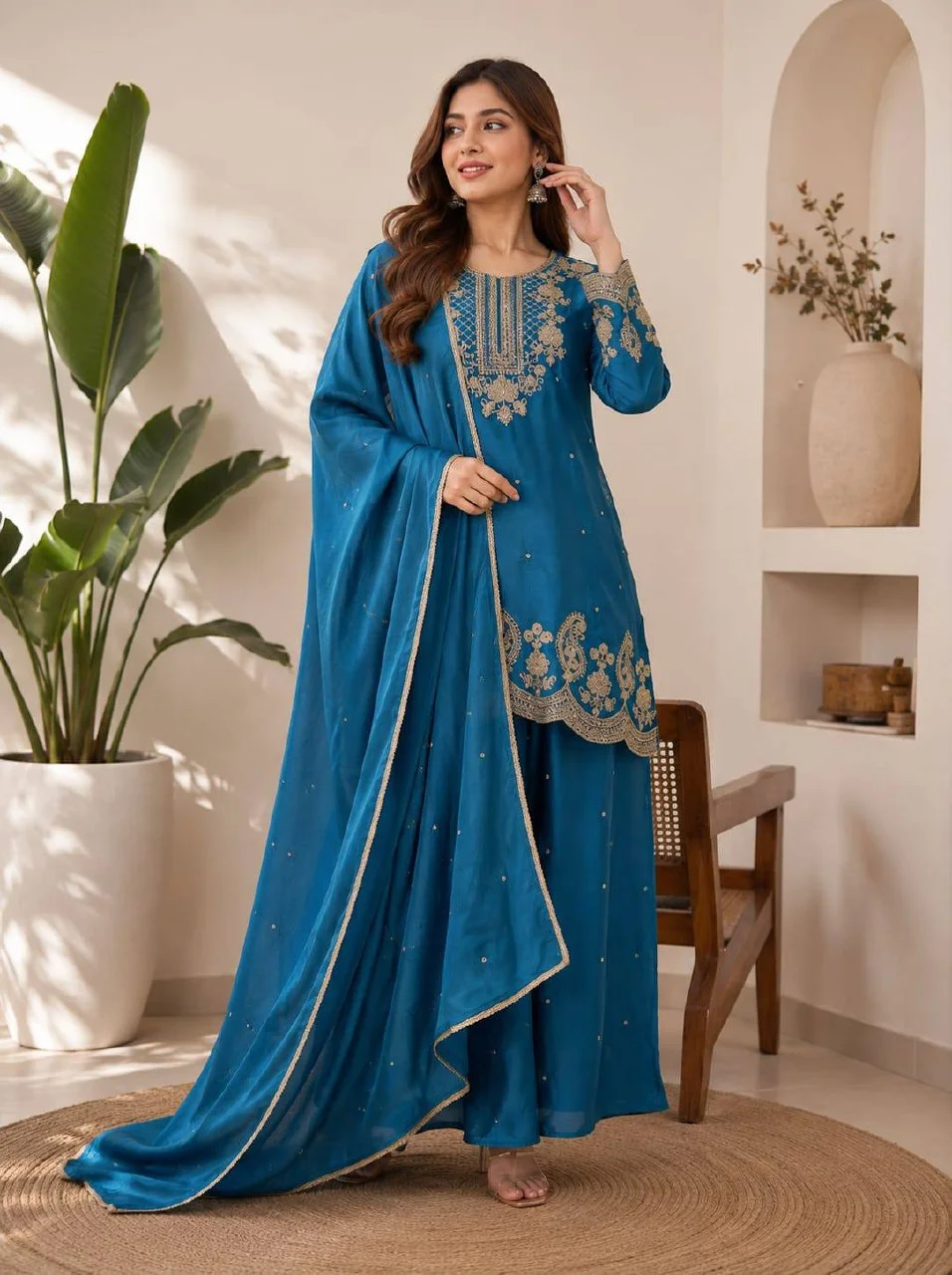 Chinon Embroidered Kurta Set with Dupatta