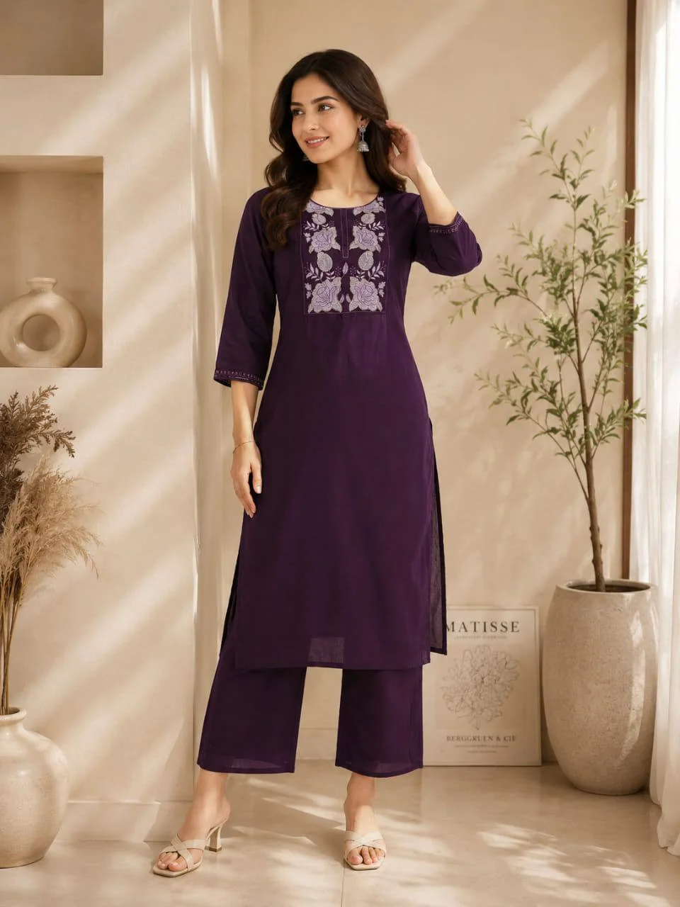 Cotton Rose Embroidered Straight Kurta Set