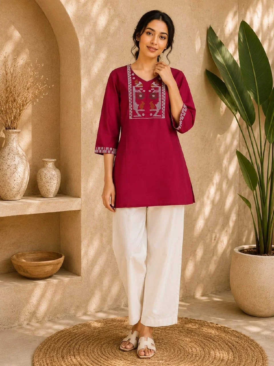 Cotton Cross Stitch Kurti Set with Palazzo in Crimson
