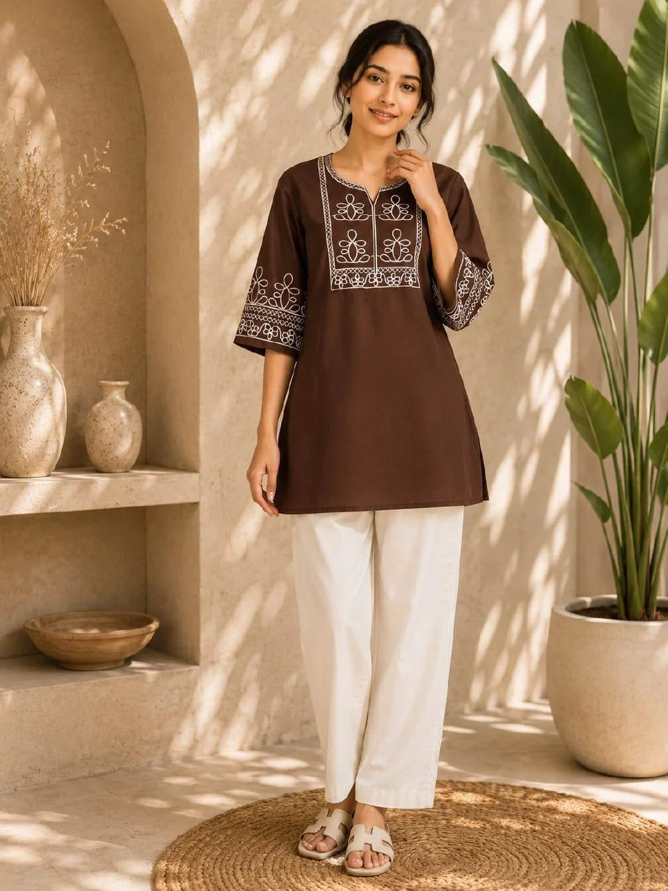 Cotton Slub Embroidered Kurti Palazzo Set