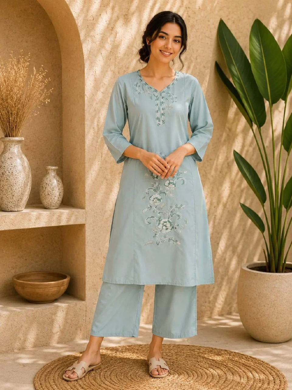 Cotton Thread Work Long Kurta with Palazzo in Powder Blue