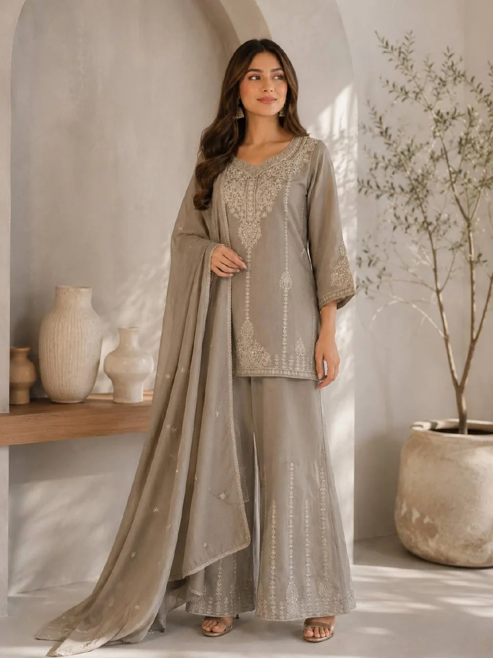Silk V Neck Embroidered Kurta with Dupatta in Taupe