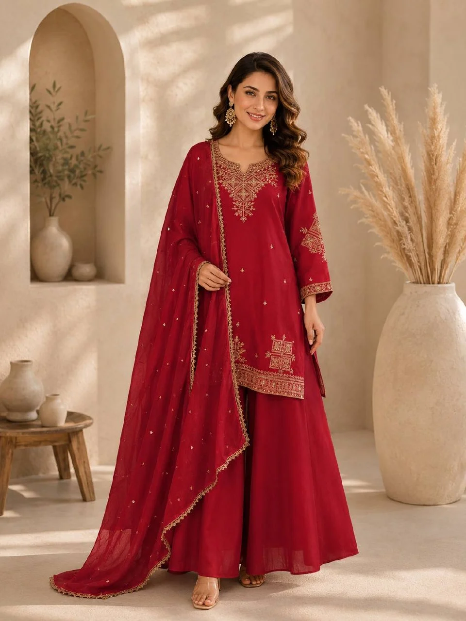 Roman Silk Sequin Kurta Set with Dupatta in Red