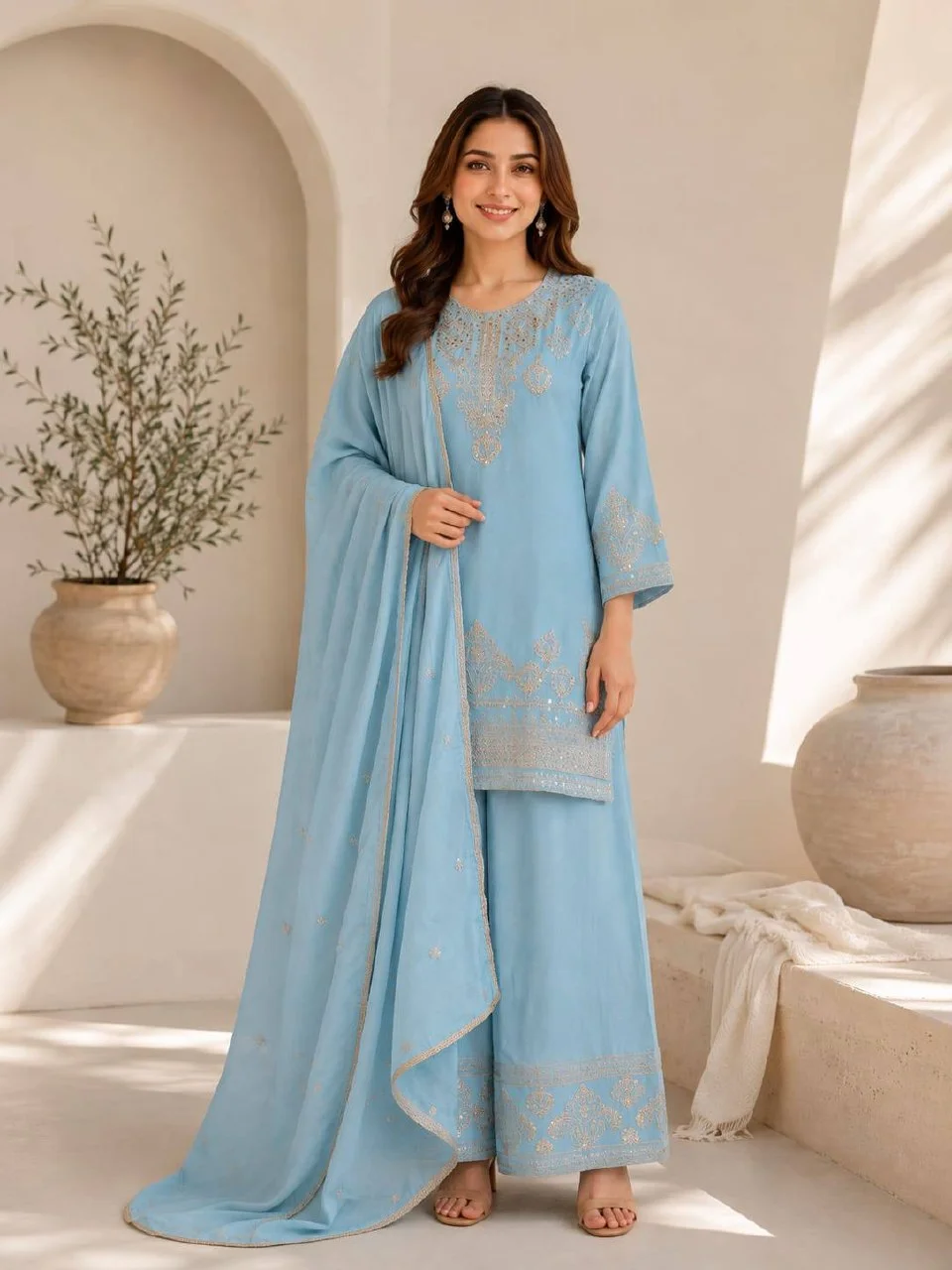 Embroidered Straight Kurta Set with Dupatta in Sky Blue