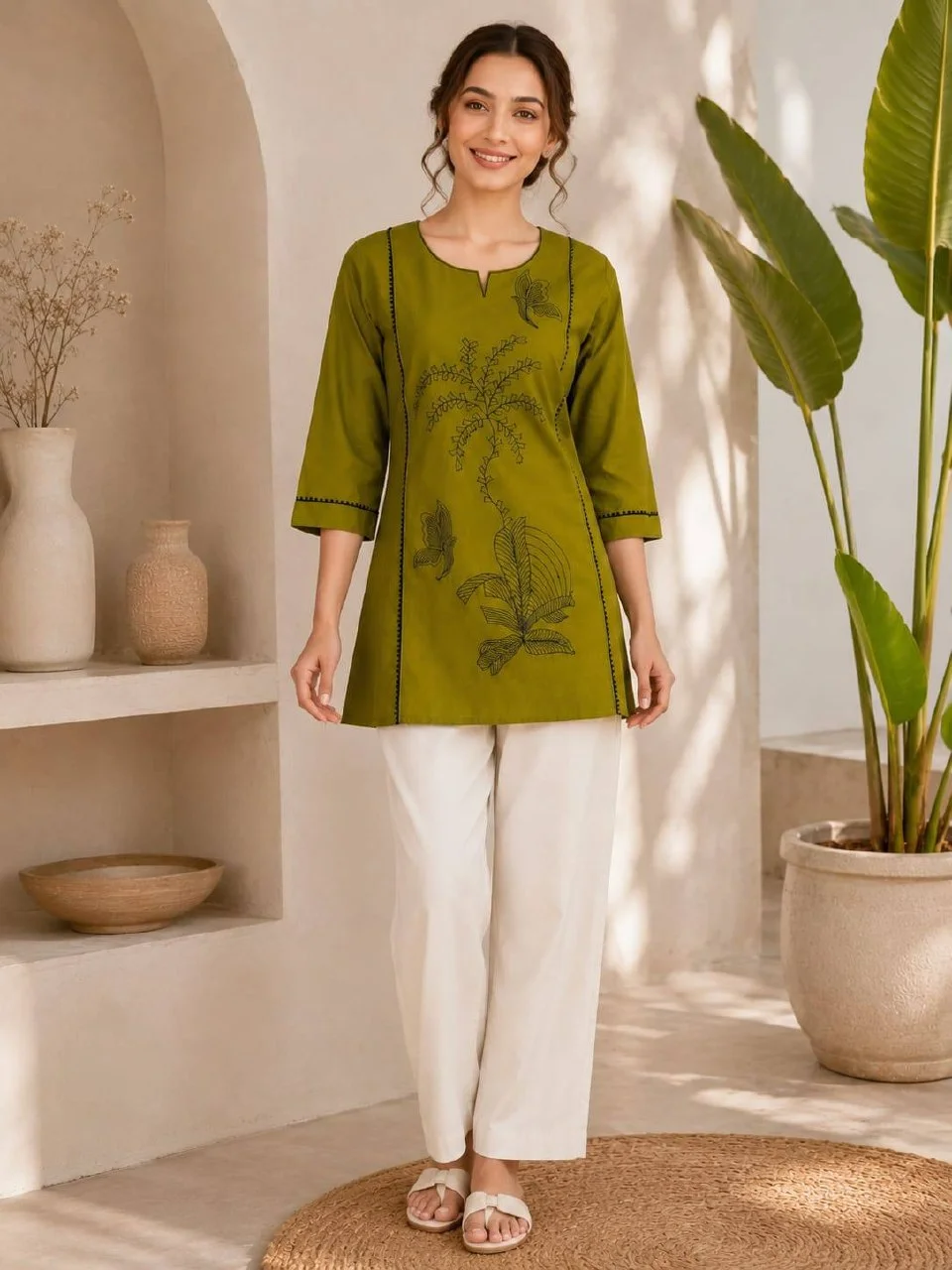 Cotton Butterfly Work Kurti with Palazzo in Olive Green