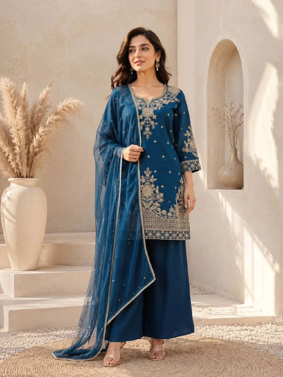 Roman Silk Embroidered Kurta with Dupatta in Peacock Blue