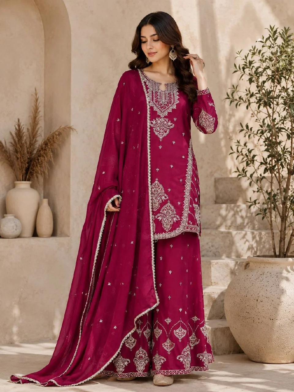 Keyhole Neck Sequin Kurta Set with Dupatta in Rani Pink