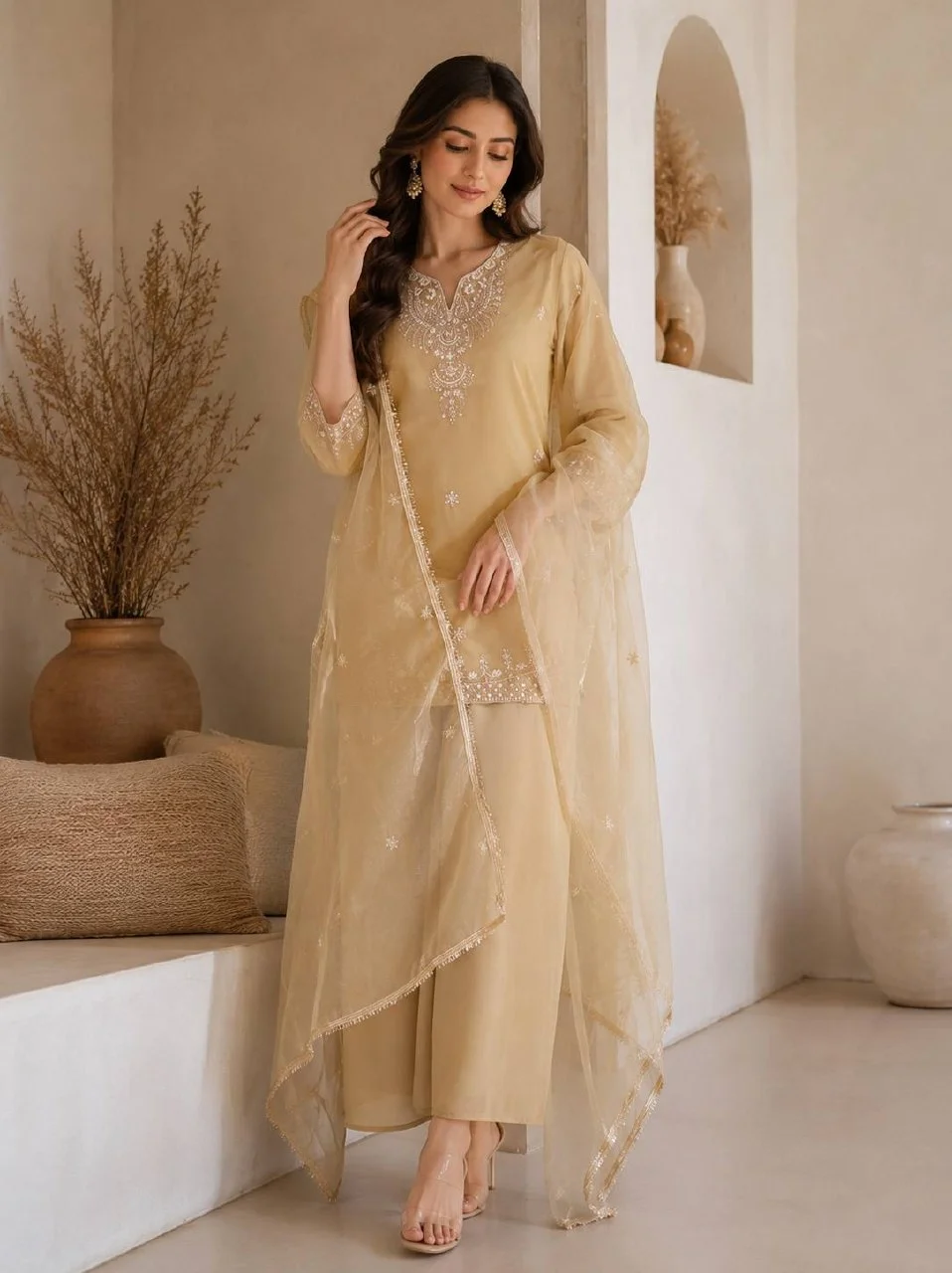 Sequin Kurta Set with Organza Dupatta in Beige