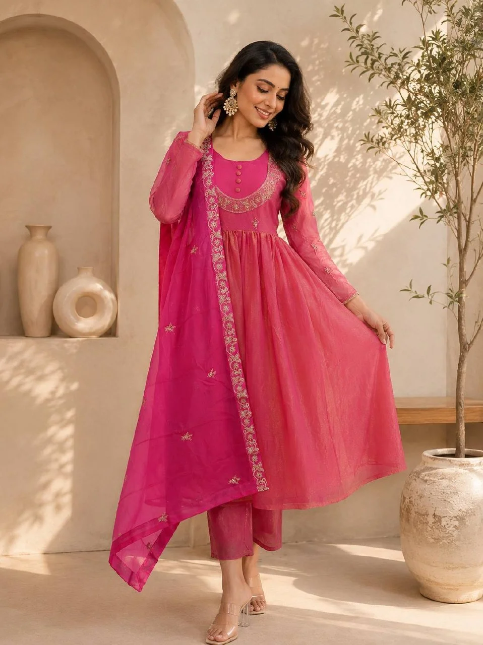Satin Sequin Anarkali Kurta Set with Dupatta in Rani Pink