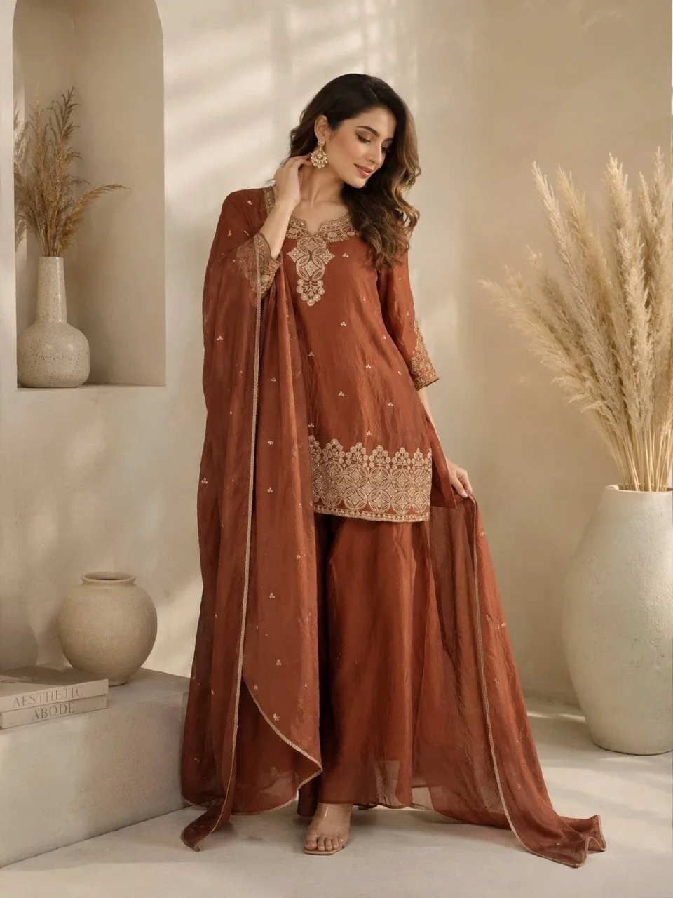 Sequin Notch Neck Kurta Set with Dupatta in Rust