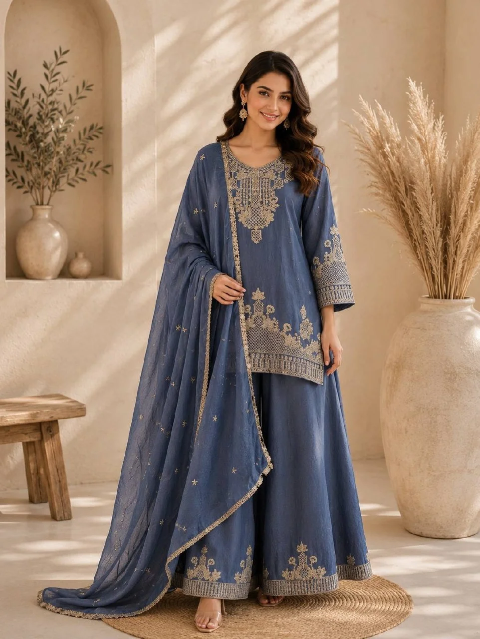Embroidered V Neck Kurta Set with Dupatta