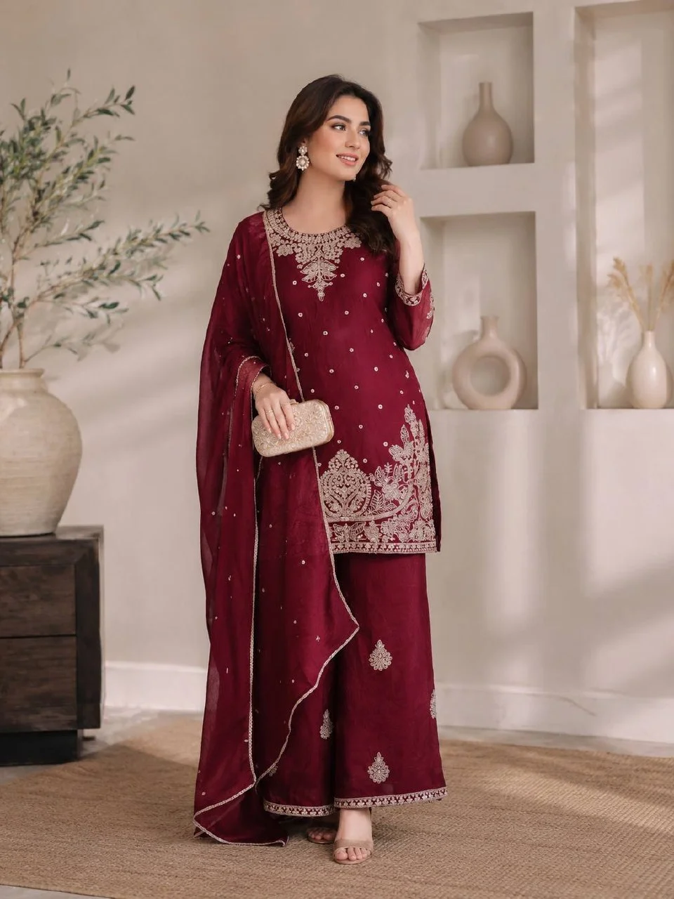 Sequin Butti Round Neck Kurta Palazzo Set
