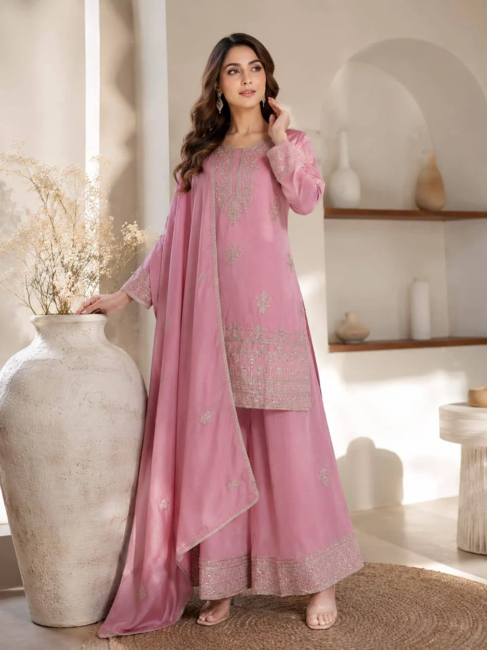Silk Embroidered Kurta Set with Palazzo