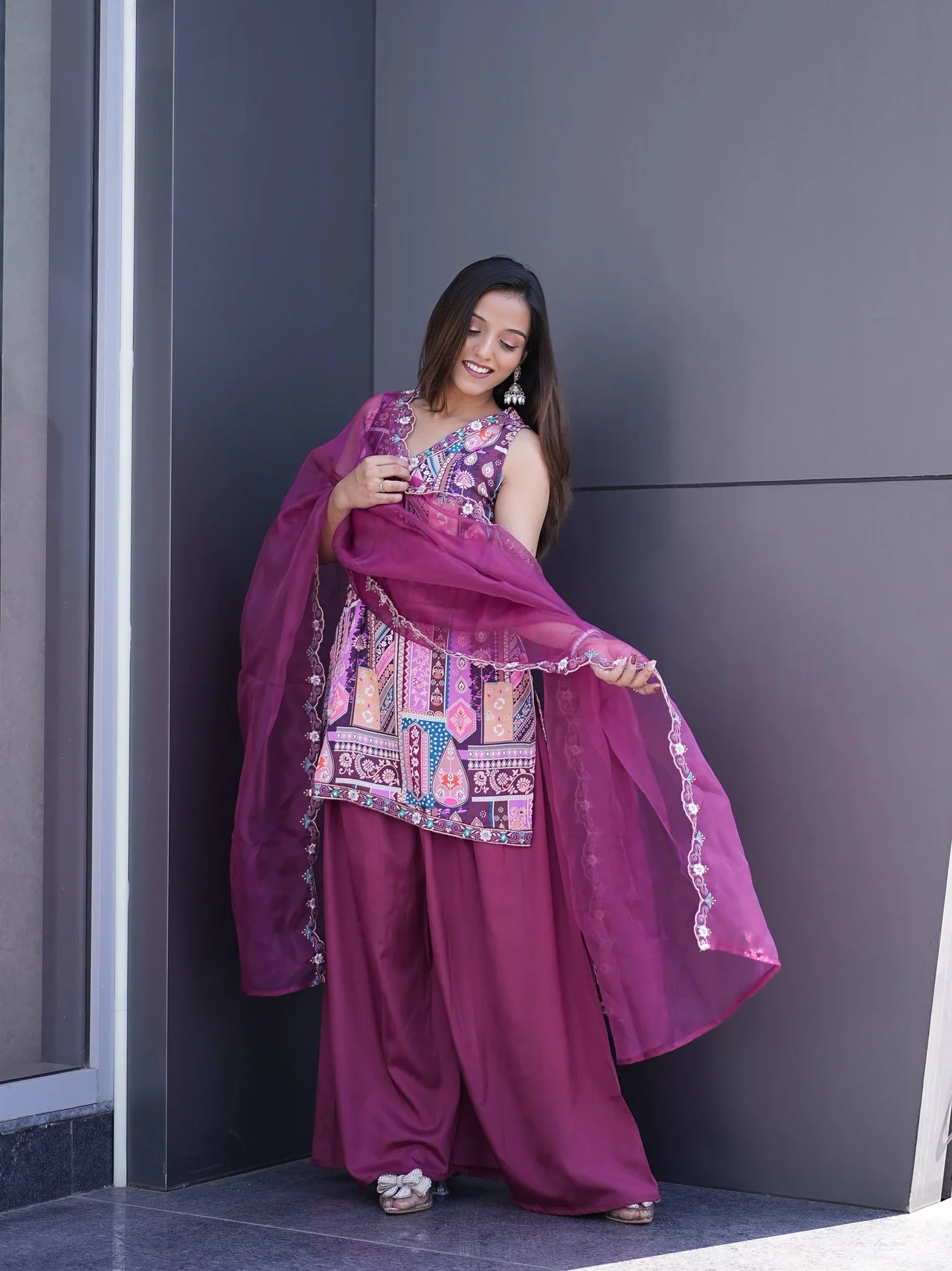 Satin Printed Sleeveless Kurta Set with Pant