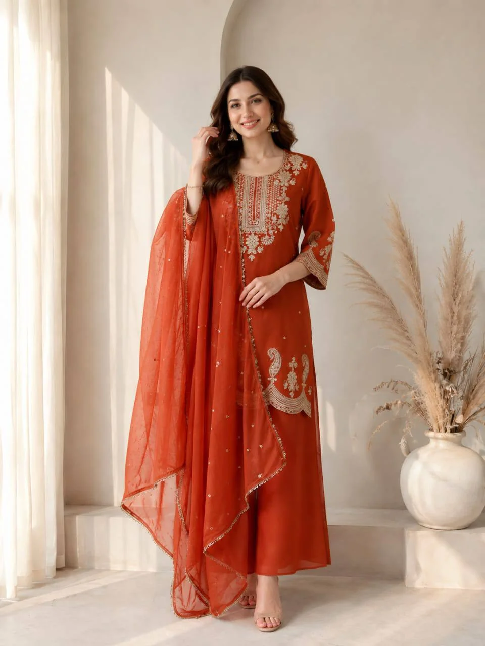 Roman Silk Paisley Kurta Set with Dupatta in Rust