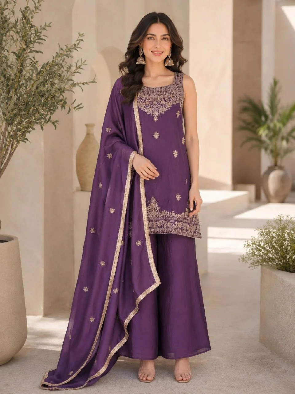 Sleeveless Sequin Kurta Set with Dupatta