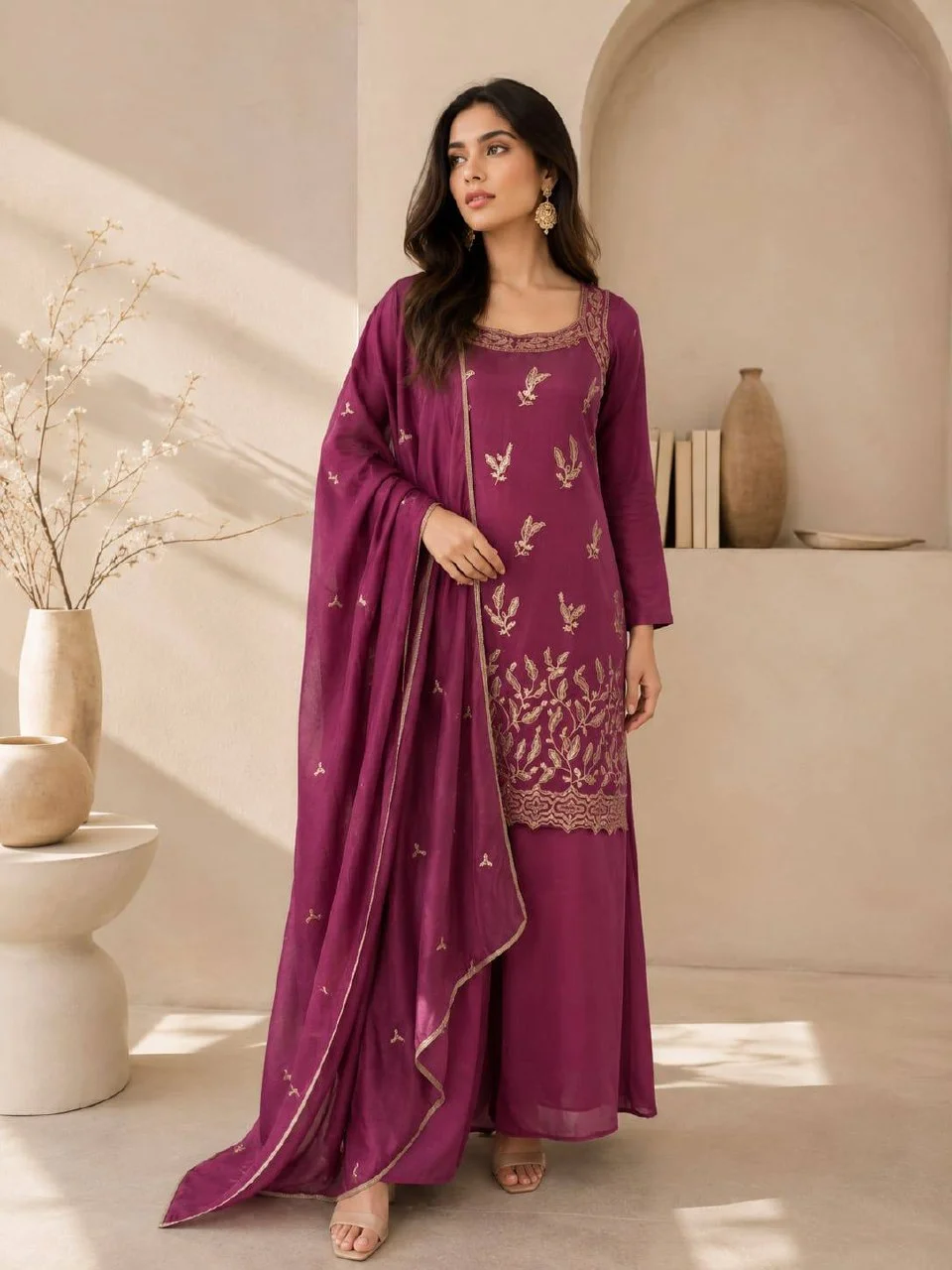 Silk Leaf Embroidered Kurta Set with Dupatta