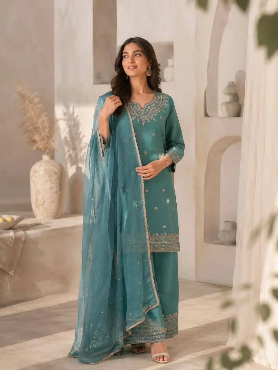 Roman Silk Notch Neck Kurta Set with Dupatta in Teal