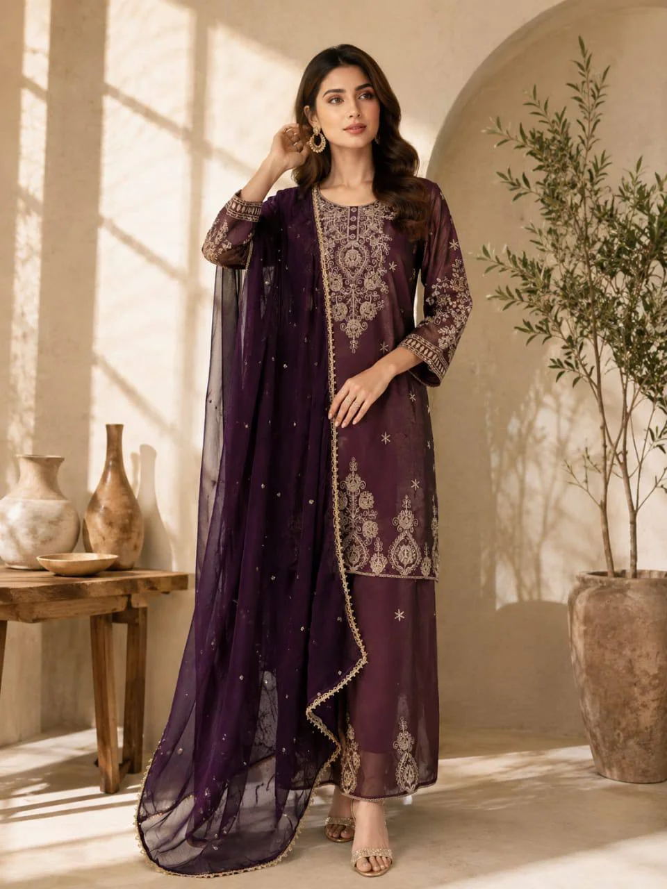 Straight Sequin Kurta Set with Dupatta in Plum