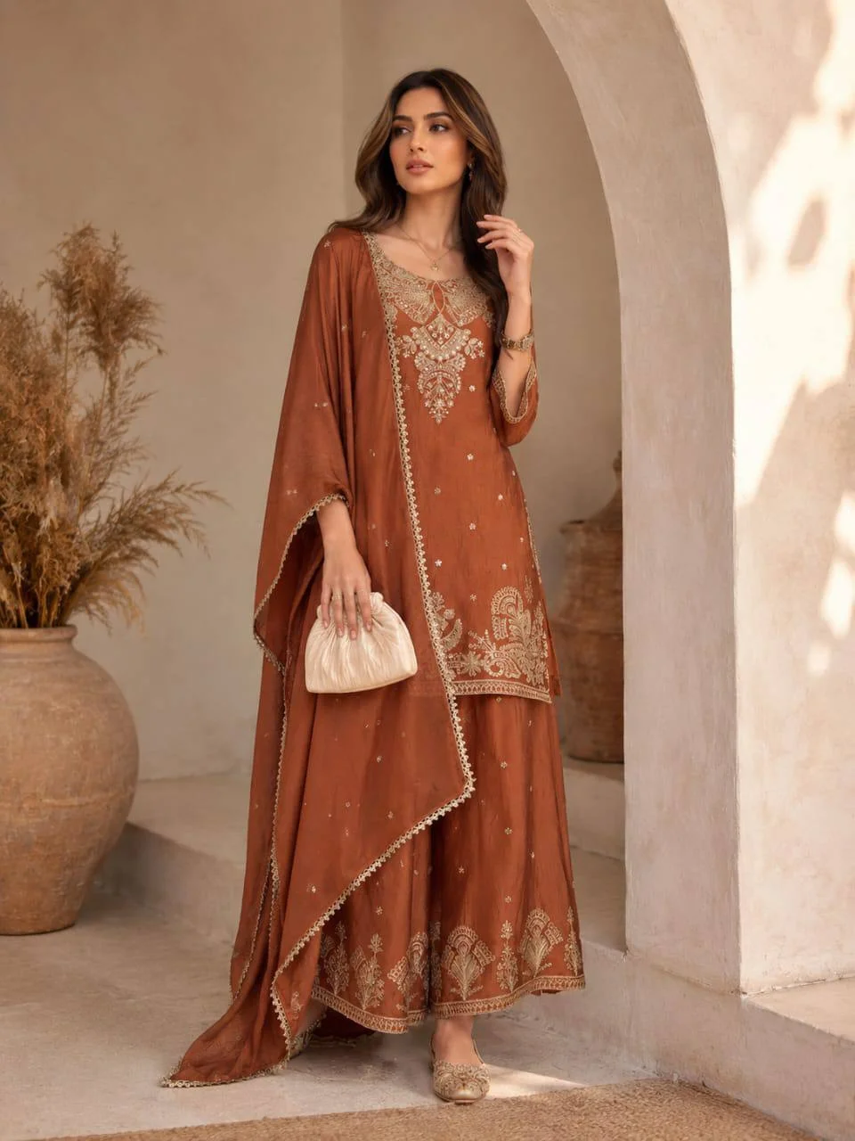 Embroidered Palazzo Kurta Set with Dupatta in Rust