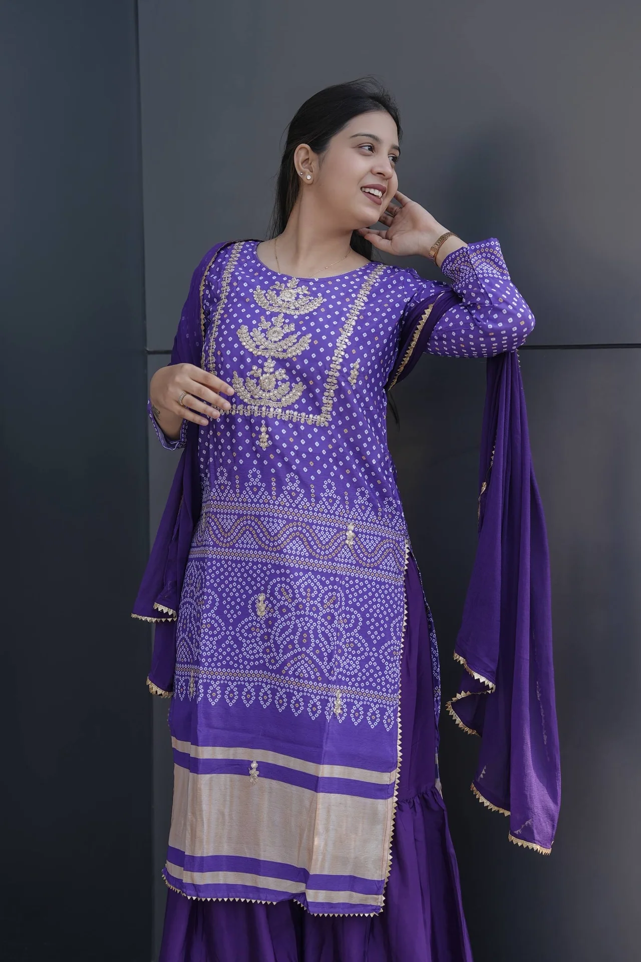 Chinon Bandhani Print Kurta Set with Dupatta in Purple