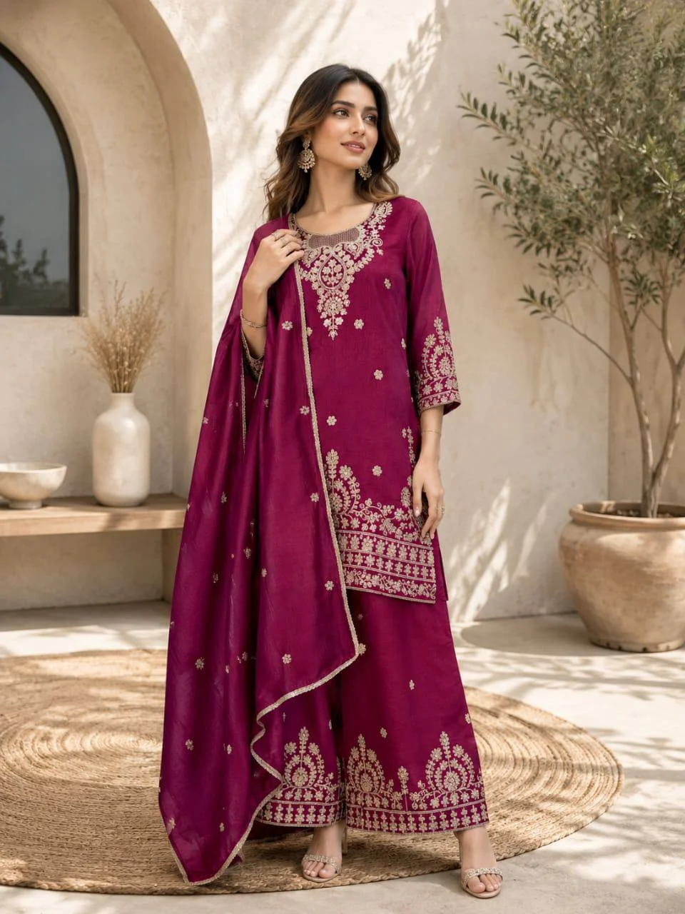 Silk Sequin Work Kurta Set with Dupatta in Magenta