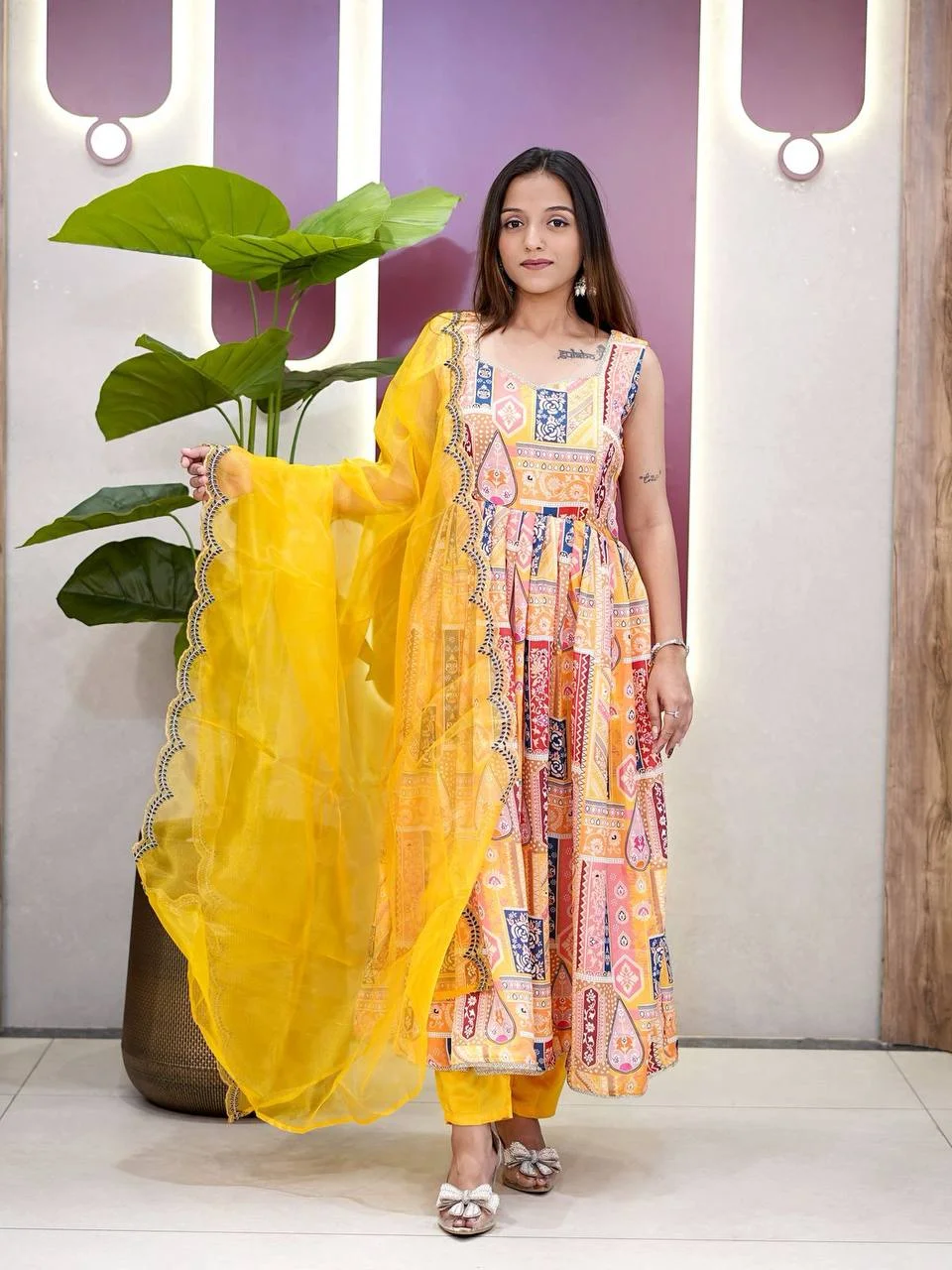 Sleeveless Anarkali Kurta Set with Dupatta in Yellow