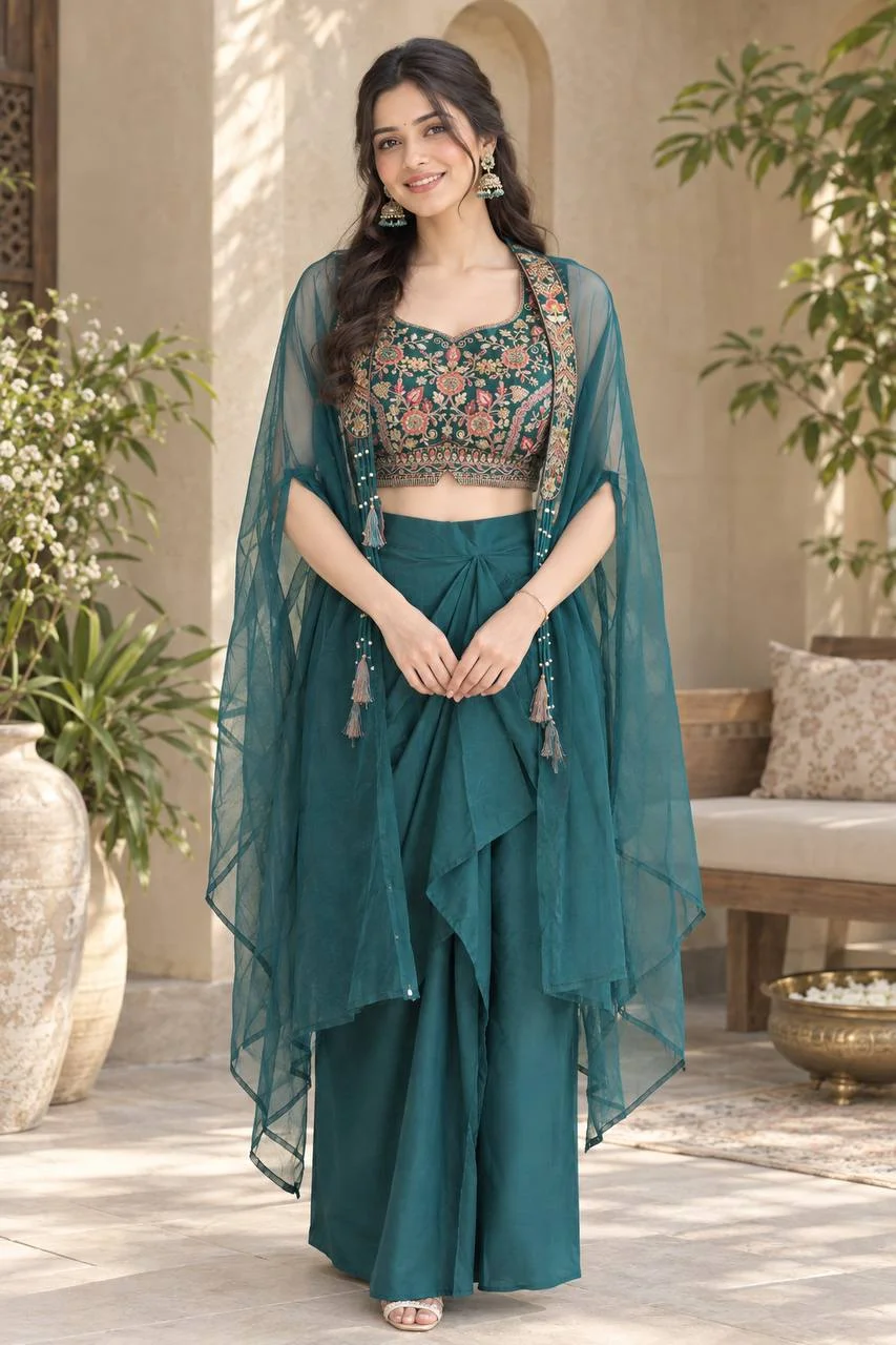 Crepe Embroidered Co-ord Set with Cape in Teal