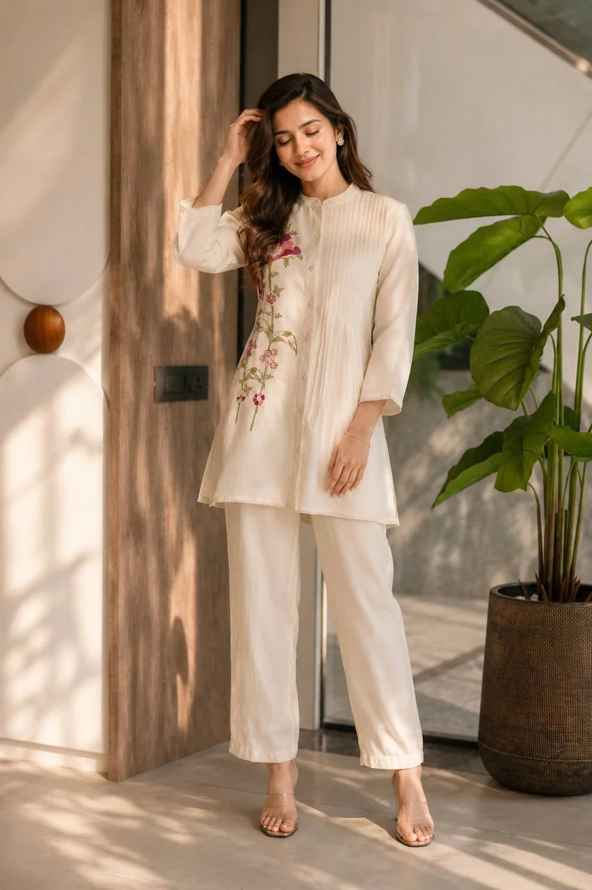 Chanderi Pintuck Embroidered Co-ord Set in Cream