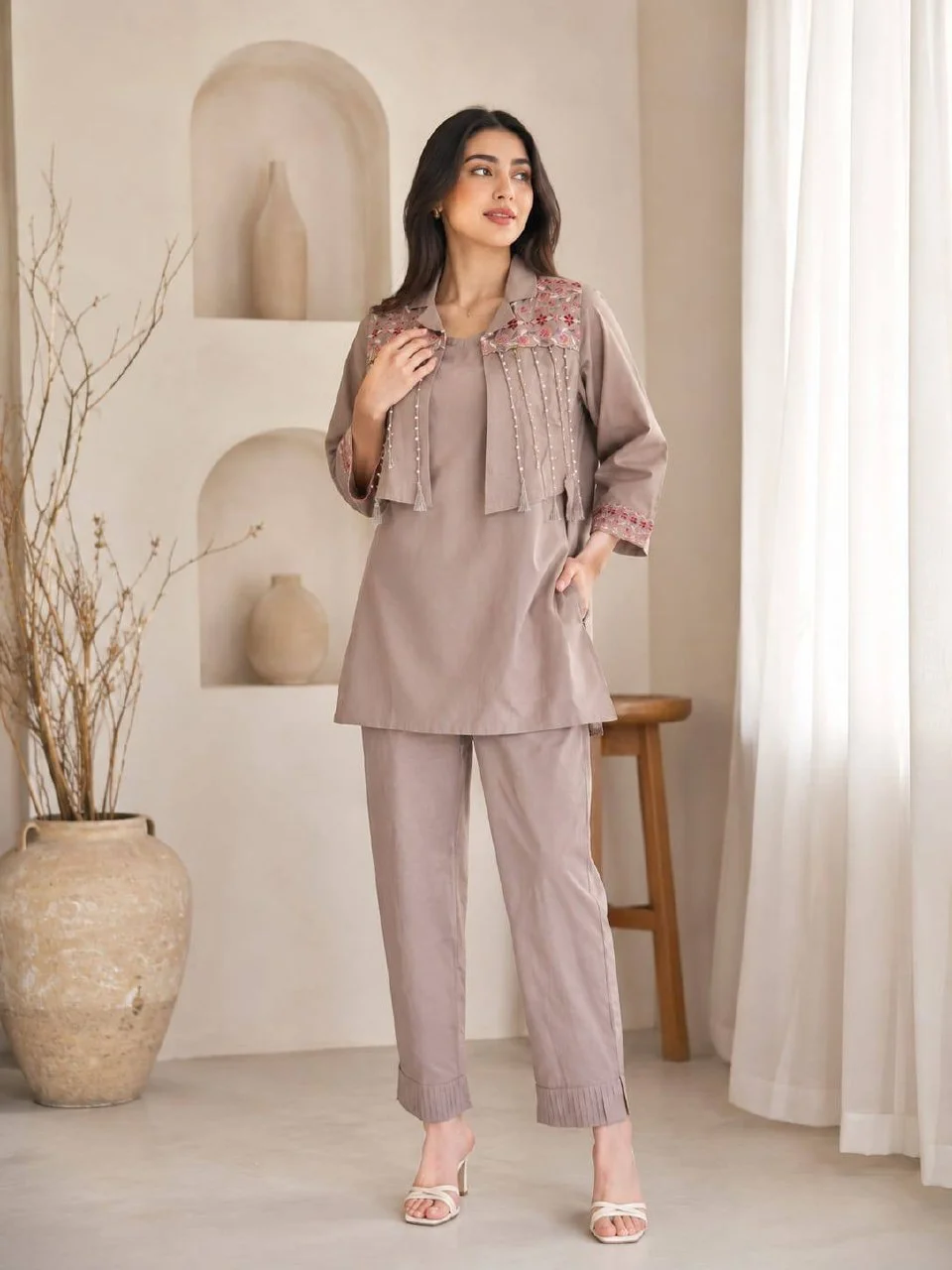 Cotton Tassel Embroidered Palazzo Co-ord Set in Mauve