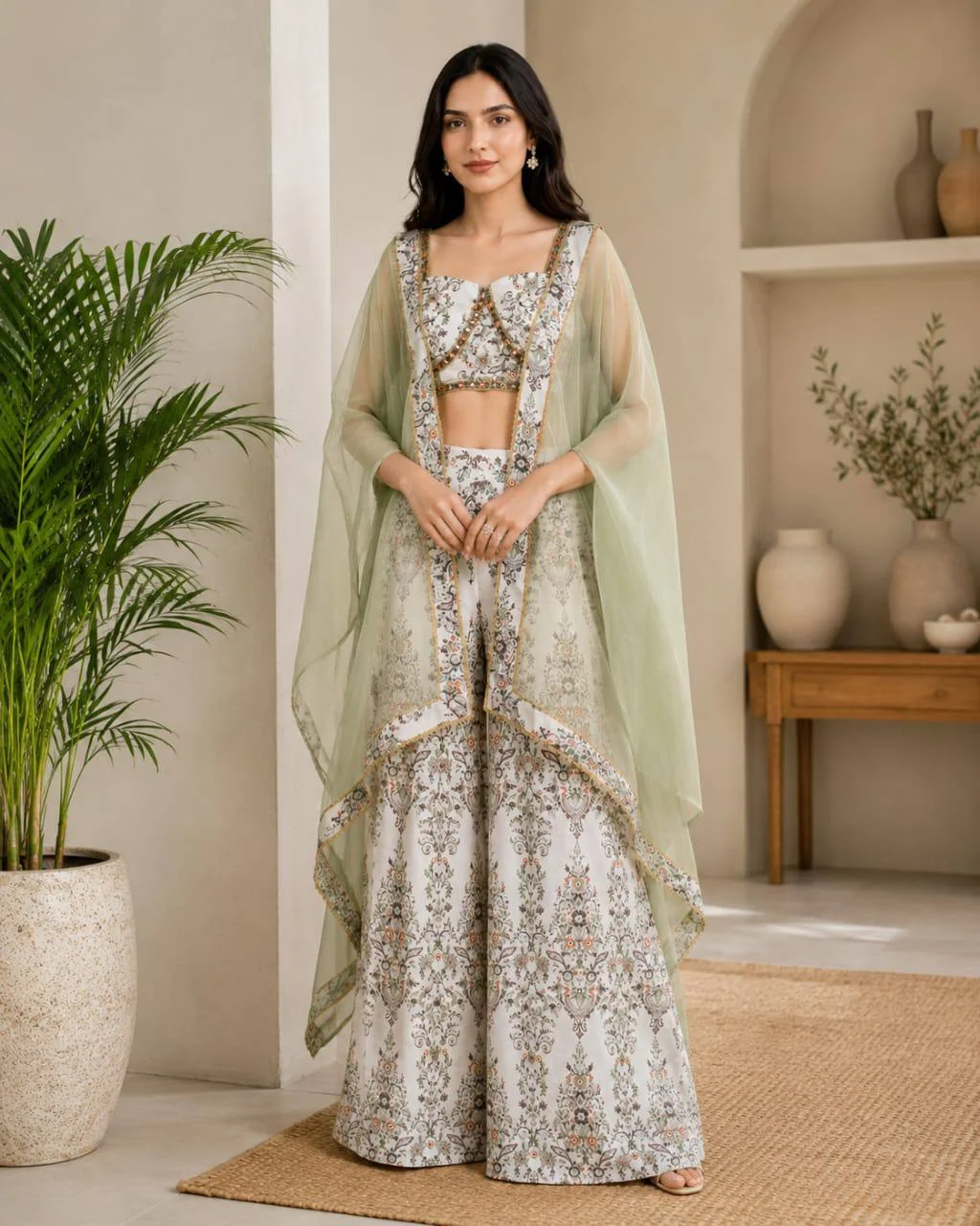 Crepe Printed Crop Top Palazzo Set with Cape in Sage Green