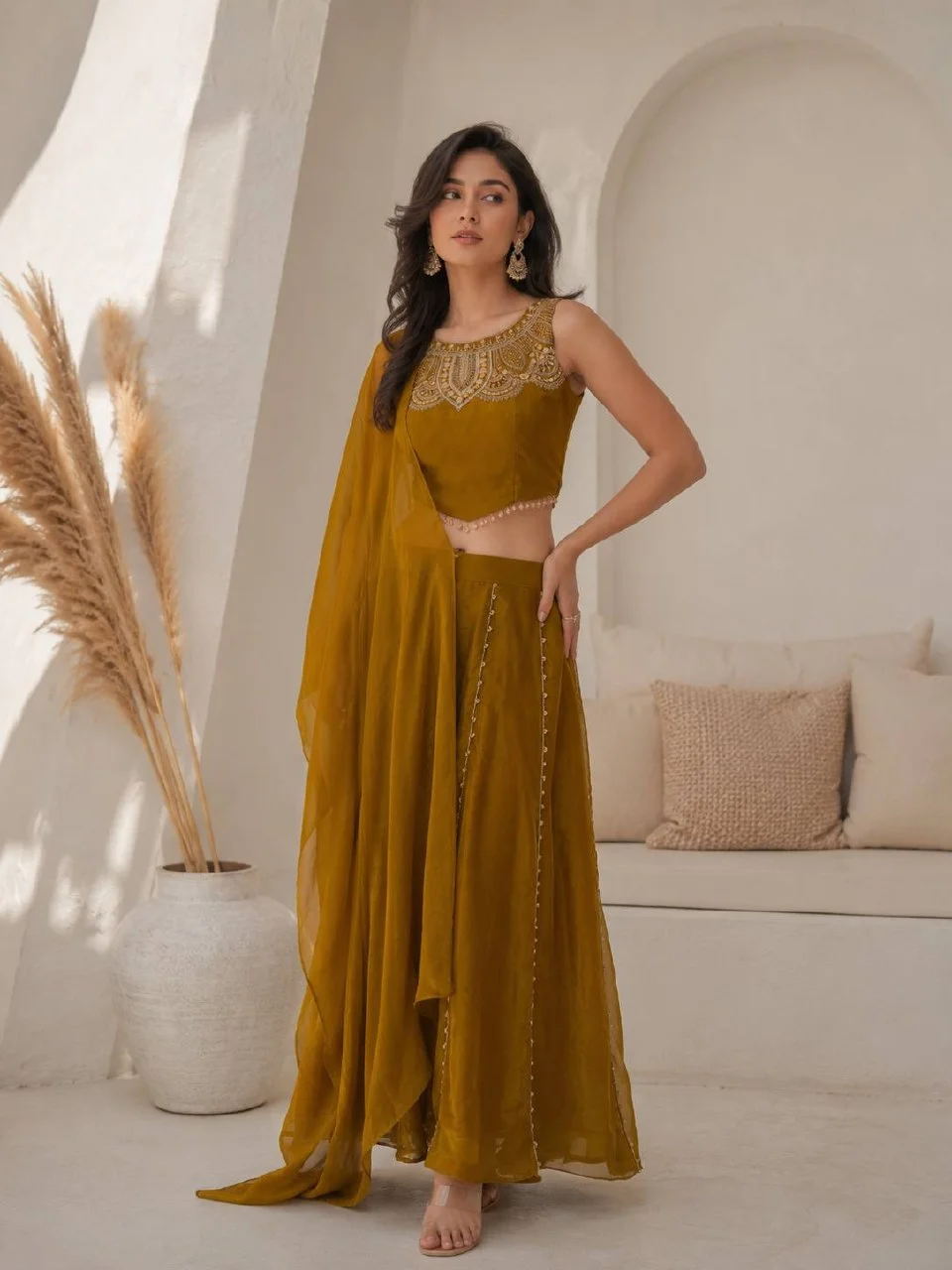 Satin Bead Work Crop Top Set with Palazzo