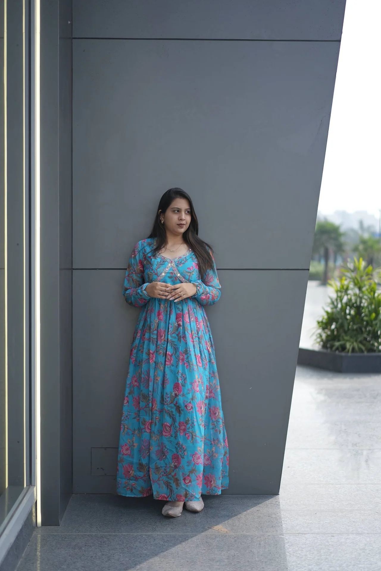 Organza Embroidered Angrakha Gown in Turquoise