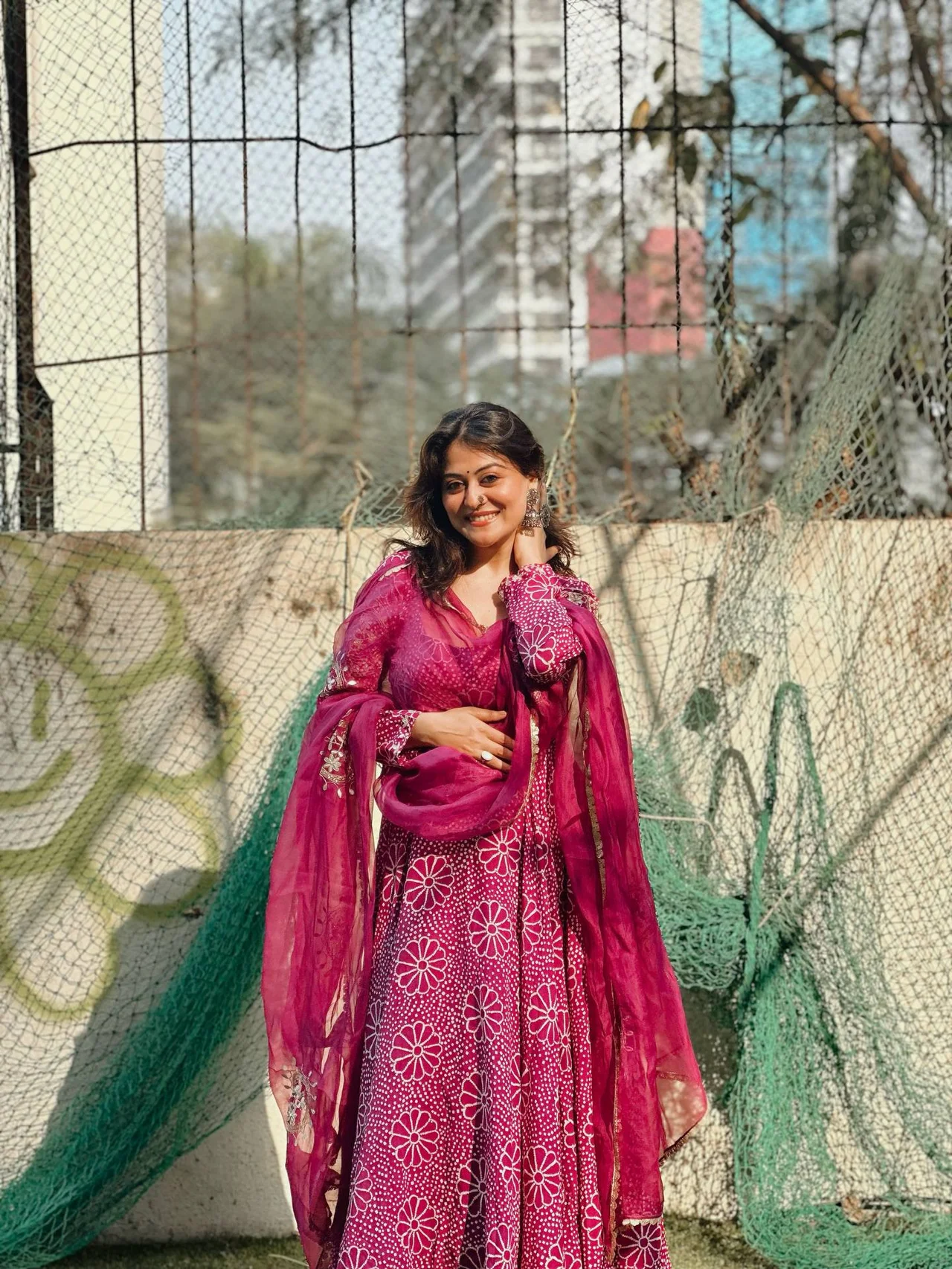 Chinon Printed Gown with Palazzo and Dupatta