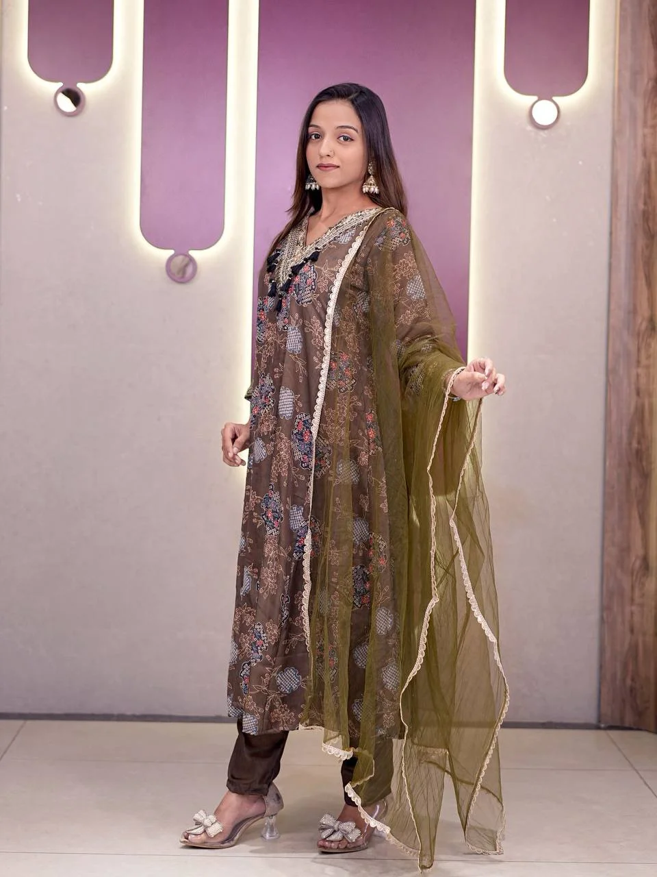 Satin Printed Anarkali Suit with Net Dupatta in Olive Green