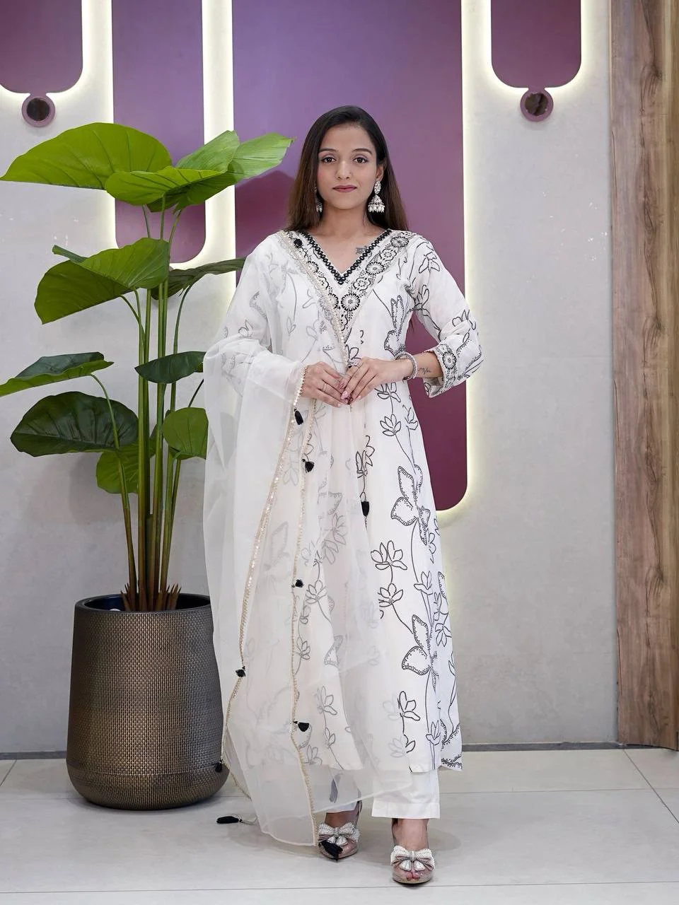 French Crepe Printed Anarkali Suit with Dupatta in Off White