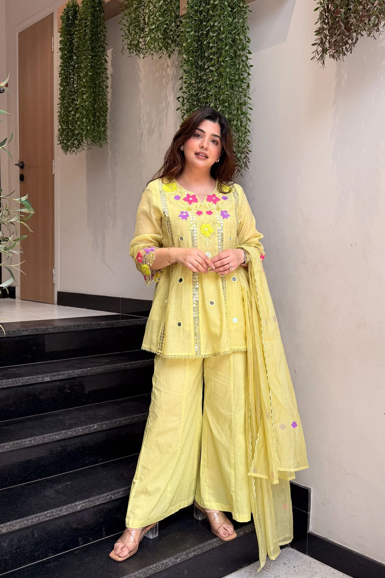 Premium Embroidered Kurti Palazzo Set with Floral Thread Work & Designer Dupatta for Women