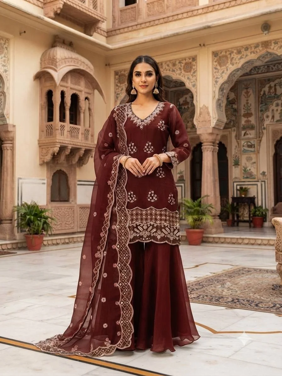 VIDALA CLOTHINGS Designer Burberry Kurti Palazzo Set with Dupatta for Women | Beads & Sequin Embroidery | Cut Work | Full-Flair Palazzo
