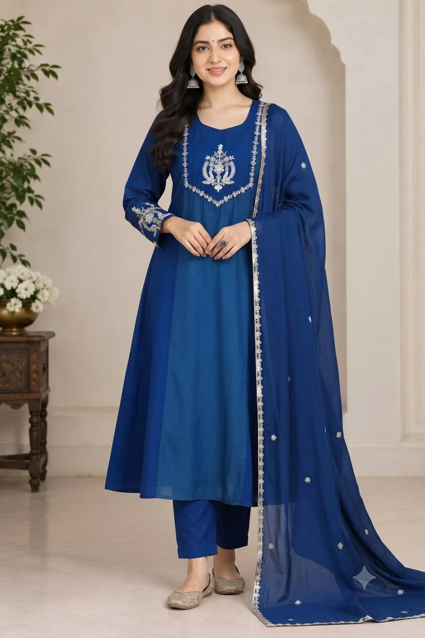 VIDALA CLOTHINGS Designer Mul Chanderi Three-Piece Suit Set for Women | 47-Inch Top | 39-Inch Pant | Matching Dupatta |