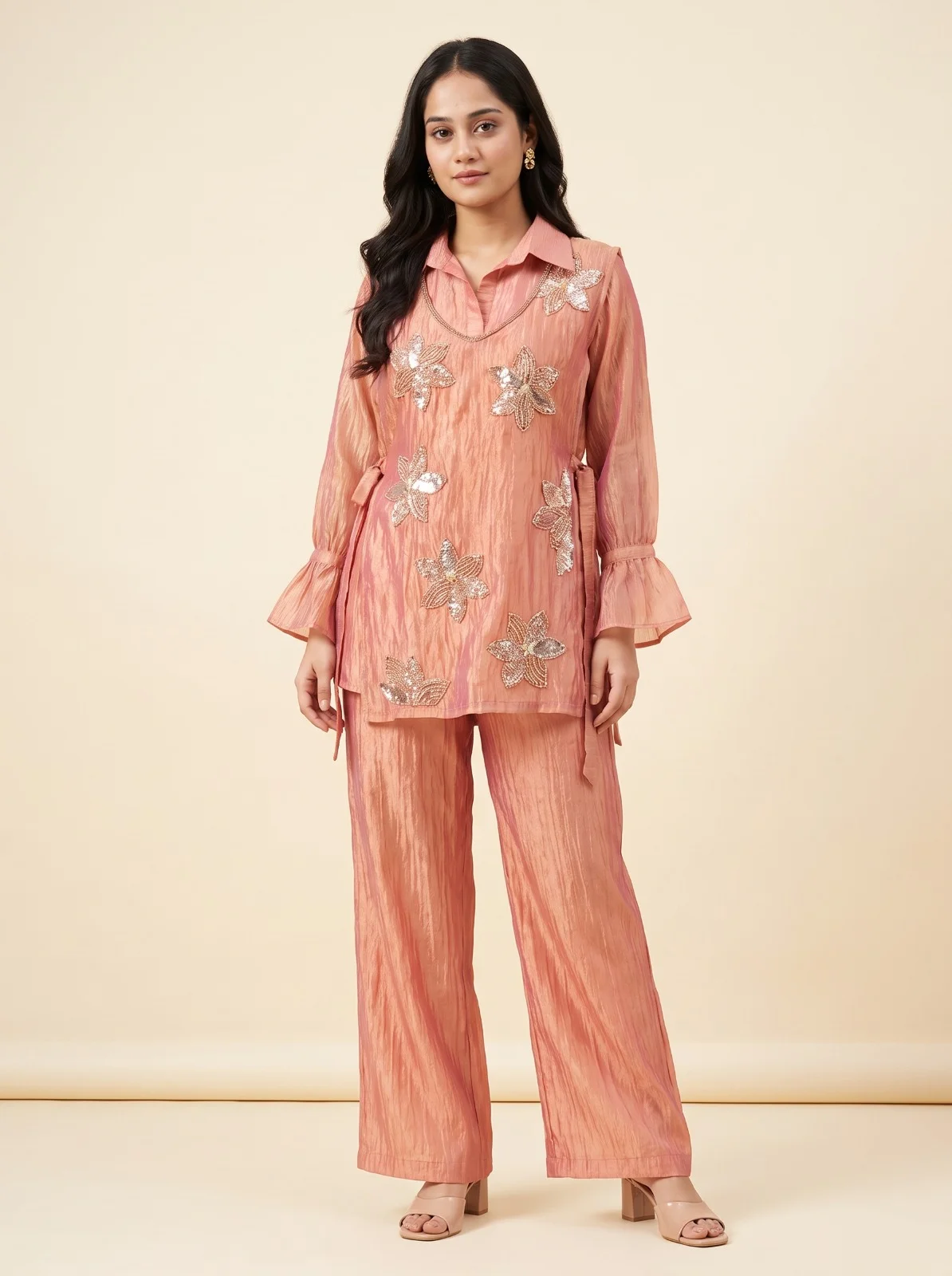 VIDALA CLOTHINGS Designer Salsa Silk Three-Piece Co-Ord Set for Women | 27-Inch Top | 39-Inch Palazzo | Shrug with Beads and Sequence Embroidery
